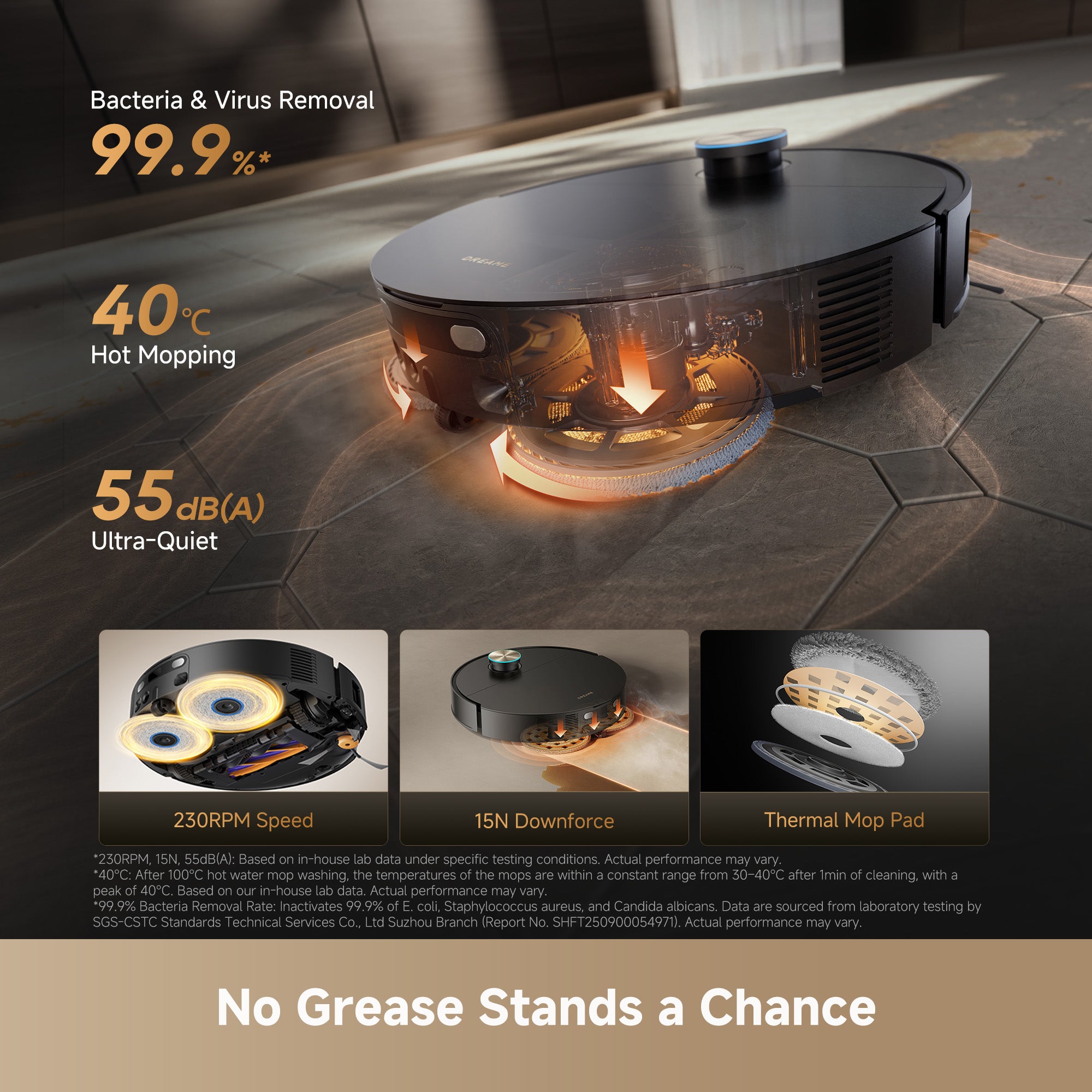 Dreame X60 Ultra DRE-X60U 40°C heated mopping system removing dried grease from hard floor